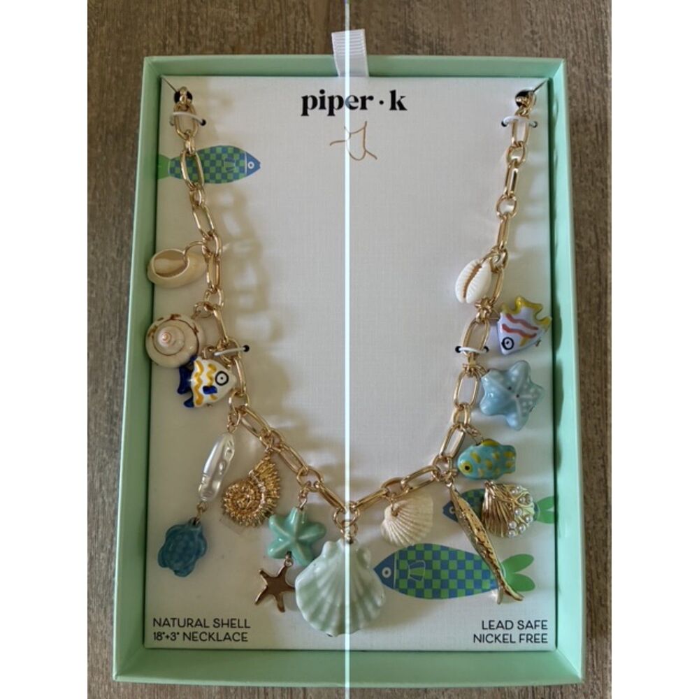NWT Piper K Ocean Life Charm Necklace Shell Fish Starfish Turtle Gold Tone 18"